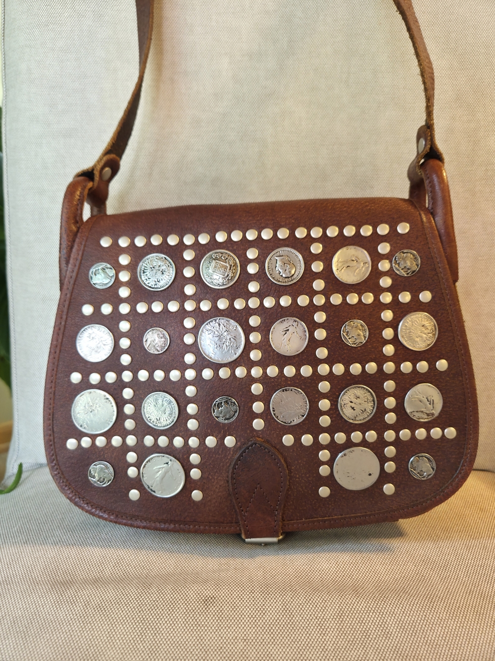 VTG Wilsons Leather Coin Studded Saddle Bag Boho Western Crossbody 70s Penny
